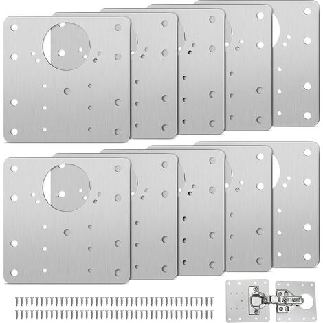 Piastra di riparazione per cerniere per mobili con foro, 10 pezzi, staffe di riparazione, facile installazione con 60 viti, kit di riparazione per cerniere per legno, mobili, scaffali