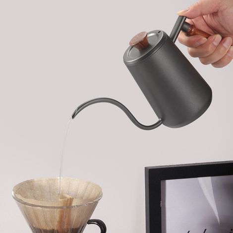 Bouilloire à filtre en acier inoxydable 304 avec poignée en bois, bec verseur étroit, 350 ml (1/5)