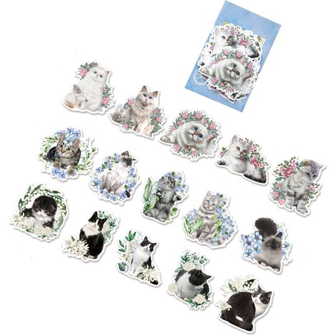 Set mit 45 verschiedenen Retro-Stickern, Blumen- und Katzenmotiven, Sticker für Fotoalben, Scrapbooking, Notizbücher, DIY-Dekorationen, leuchtende Farben, wasserfest (1/5)