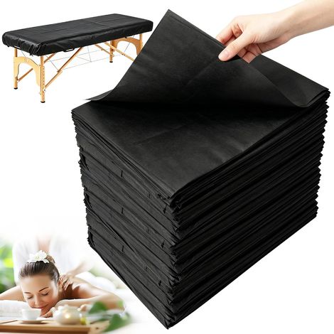 100 draps de table de massage jetables noirs 89 x 180 cm, doux, non tissés, imperméables, pour spas, salons de beauté, tatoueurs, salons d'épilation et voyages. (1/5)