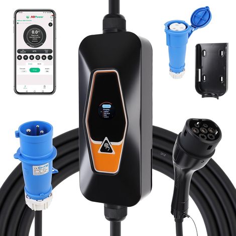 Chargeur EV de type 2 7 kW, 6A/8A/10A/13A/16A/24A/32A, réglable, câble de charge triphasé, portable avec commande par application pour accès à distance et présélection du temps de charge (1/5)
