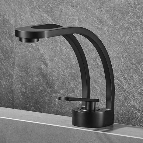 Meuble sous-vasque, robinet mitigeur monocommande, robinet pour lavabo/baignoire, mélange eau chaude/eau froide, installation monotrou, construction en cuivre massif, noir (1/5)