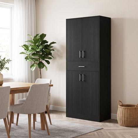 Buffet haut armoire de cuisine 4 portes 2 placards et 1 tiroir central hauteur 180 cm avec 2 étagères réglables noir (1/5)