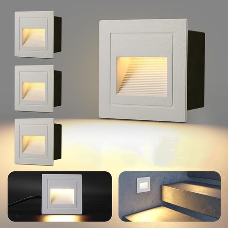 Cuatro apliques empotrables para escaleras, 3W, luz blanca cálida, IP65, casquillo empotrable de 68 mm, color blanco. (1/5)
