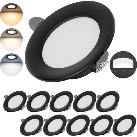 Set of 10 Recessed LED Spotlights, Adjustable 2700K-6000K, Black Metal, IP44, Bathroom (1/5)
