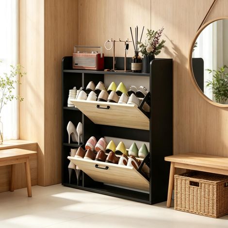 Schuhschrank 83/24/90,5 cm in Schwarz-Holzoptik mit 2 Klappen und Seitenfächern (1/5)