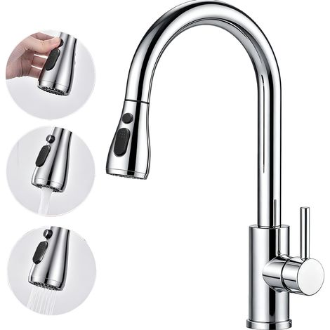 AICA Ausziehbare Küchenarmatur 3 Modi - 360° Drehbare Einhand-Mischbatterie, Spültisch Wasserhahn, Chrom (1/5)