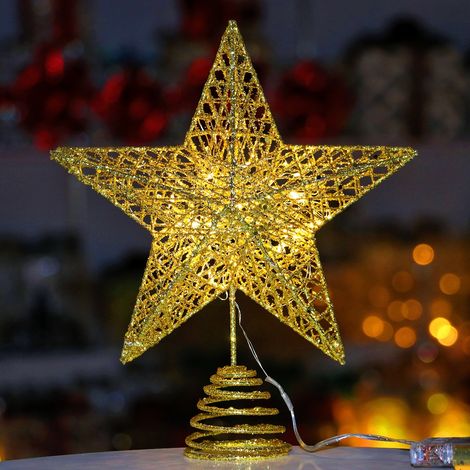 Décoration de sapin de Noël, décoration de Noël, étoile de Noël avec lumière LED, ornements de sapin de Noël, doré (1/5)