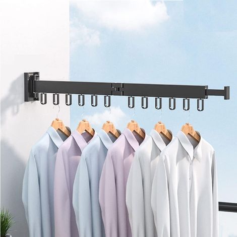 Perchero plegable (se pliega en dos secciones), retráctil, de pared, con 12 ganchos, imprescindible para colgar ropa, color negro. (1/5)