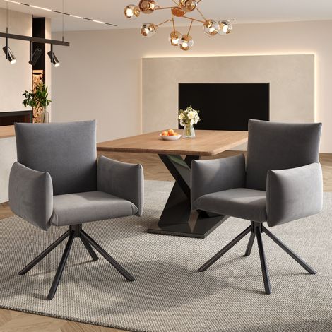Poltrona girevole in velluto grigio con braccioli imbottiti, 4 gambe in metallo, set da 2, 360°, 150 kg,60×60×88cm (1/5)