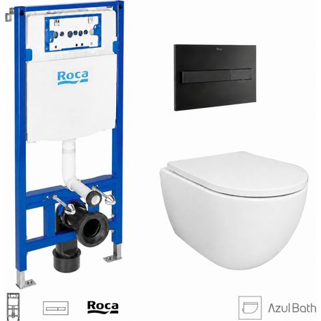 Pack WC Bastidor empotrado ROCA Duplo cisterna empotrada y pulsador PL7 negro mate con inodoro suspendido SWISS 53 cm Tornado y Soft-Close de Azul Bath (1/4)