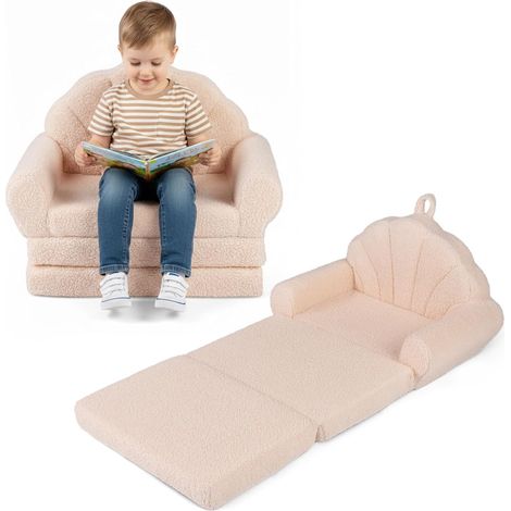 COSTWAY Divano Pieghevole per Bambini,Trasformabile 2 in 1 con Rivestimento in Tessuto,Beige (1/5)