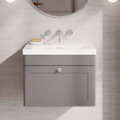 Nuie Classique Wall Hung 1-Drawer Vanity Unit with 0TH Contemporary Basin 600mm Wide - Satin Grey