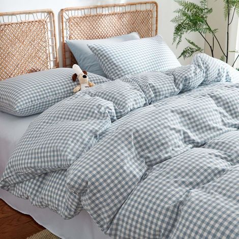Bettwäscheset, bestehend aus einem 200x200 cm Mikrofaser-Bettbezug und 2 Kissenbezügen (65x65 cm) mit Reißverschluss und Vichy-Karo-Muster, für Erwachsene. (1/5)