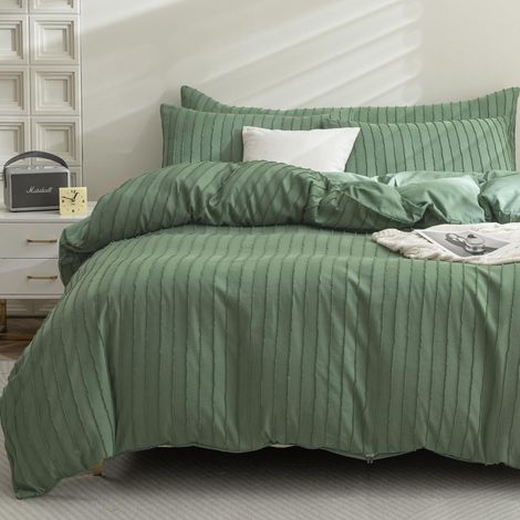 Housse de Couette 3 pièces en Microfibre touffetée de Style bohème – Attaches de Coin et Fermeture à glissière – Grand lit – Vert (1/5)