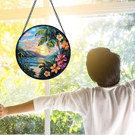 Vitrail décoratif à suspendre, attrape-soleil coloré représentant un paysage, 19,8 cm, idéal pour portes et fenêtres. Cadeau parfait pour Noël, la fête des mères et les anniversaires, pour femmes, hom (1/2)
