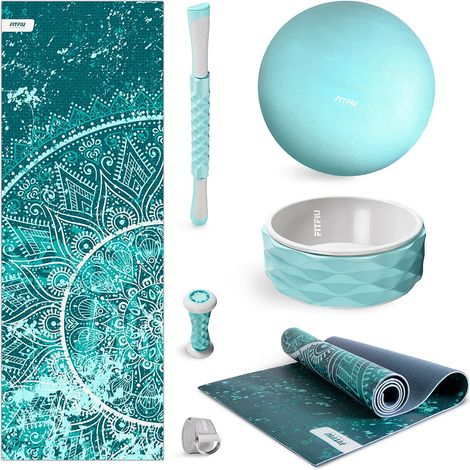 Pack da 6 accessori per yoga KITWELL-600 blu. Kit di accessori per yoga e pilates tra cui tappetino etnico, palla, ruota, massaggiatore per piedi, barra per massaggi e cinghia - FITFIU Fitness (1/5)