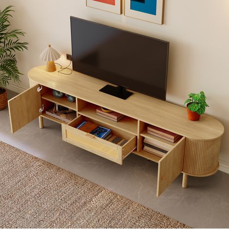 Mobile TV 180x40x52 cm bianco in MDF e pannello truciolare con 4 vani e passacavi (1/5)