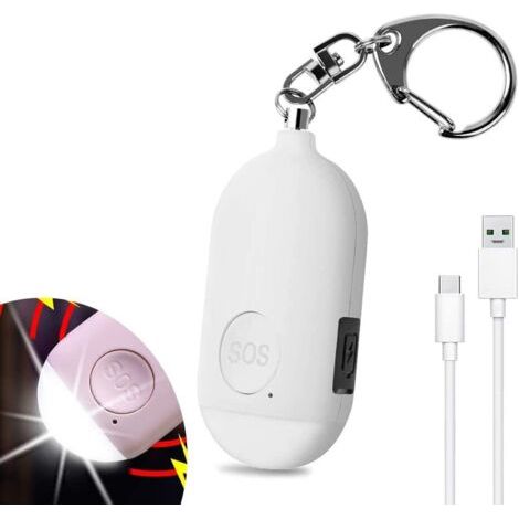 130 DB Alarme Personnelle d'urgence,Rechargeable Alarme de Sécurité avec LED Lampe de Poche Torche Alarme Anti Agression,pour Femme Enfants Personnes Agées Aventurier – Blanc (1/5)