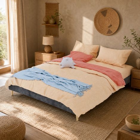 Lit adulte 160x200 cm en tissu gris, gain de place pour chambre, sans matelas FloraGrace (1/5)