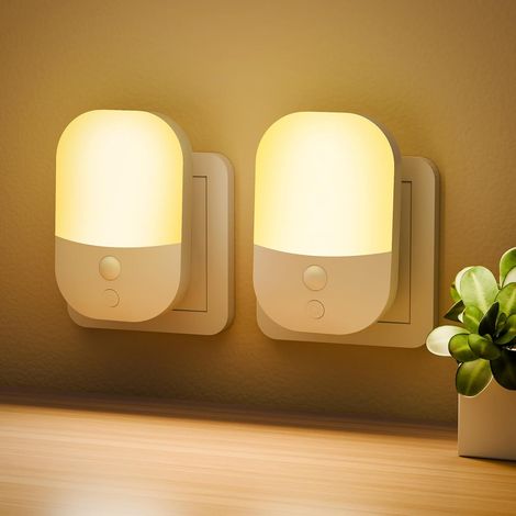 [Paquete de 2] Luz nocturna con sensor crepuscular, 3 niveles de brillo ajustables, modos ENCENDIDO/APAGADO/AUTOMÁTICO, luz nocturna blanca cálida para pasillos, dormitorios, cocinas, salas de estar y (1/5)