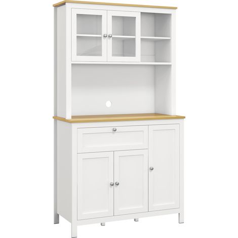 Buffet haut cuisine 5 portes 2 vitrées 1 tiroir niche 180 cm blanc
