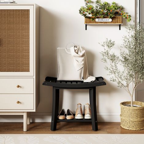 Tabouret Salle de Bain 2 Niveaux en PEHD Étanche Banc de Douche Antidérapants Siège Incurvé Charge 150kg 60,5x34x48cm Noir (1/3)