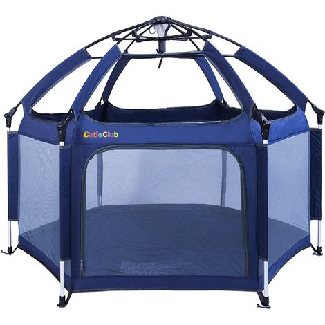 Parc pliable pour bébé avec matelas, parc pliable pour bébé - Grand parc à 6 carrés avec auvent anti-UV pour l'intérieur et l'extérieur (bleu marine) (1/5)