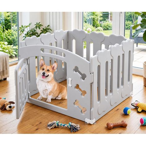 Parc pour Chien 60 cm Haut, Plastique Parc Chien 3+1 PCS Panneaux Parc Chiot Pliable avec Portail, avec ventouses et ancrages au Sol, Enclos pour Chat et Lapin Interieur Extérieur, Gris (1/5)