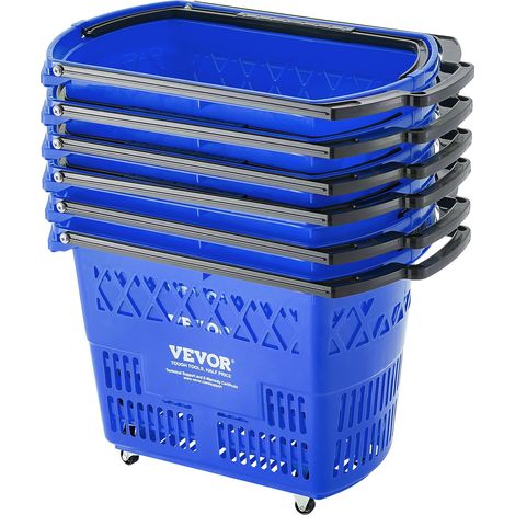 Panier de courses, lot de 6, panier à provision en plastique roulant sur roulettes, 39 L, avec poignée, 540x330x365 mm, grand panier portable pour magasin de détail, supermarché, épicerie, bleu (1/5)