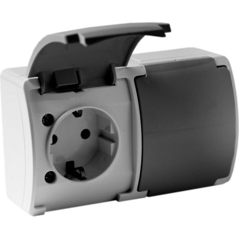 Portalampada doppia a montaggio superficiale, ermetica IP44, schuko, frassino/grafite (1/3)