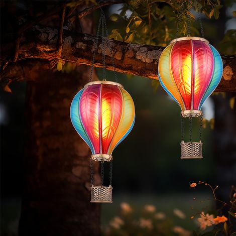 Lampada solare a sospensione lampada da esterno mongolfiera colorata effetto fuoco decorazione giardino lampada da balcone, 20x 0,5W 1600K bianco caldo, DxH 14 x 46,5 cm, set di 2