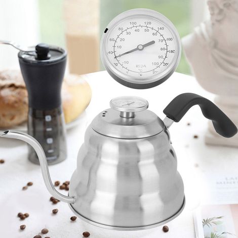 Cafetière/théière à col étroit en acier inoxydable avec poignée et thermomètre intégré (1,2 L)