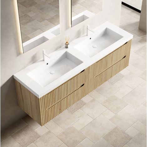 Mobile lavabo sospeso con doppio lavabo integrato, cassetti soft close, resina, bianco e rovere (1/5)