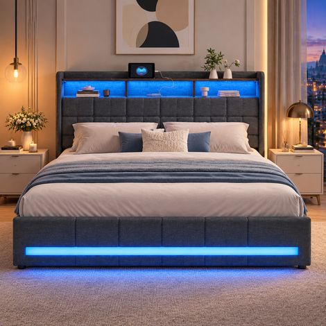 Lit double 140x190cm avec 4 tiroirs de rangement, lit adult avec 2 USB et 1 Type-C, Tête de lit avec LED, lit 140x200, lin gris
