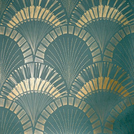 Art Deco Inspired Wallpaper Classic Metallic Fan Print Teal Gold Feature Wall (1/4)