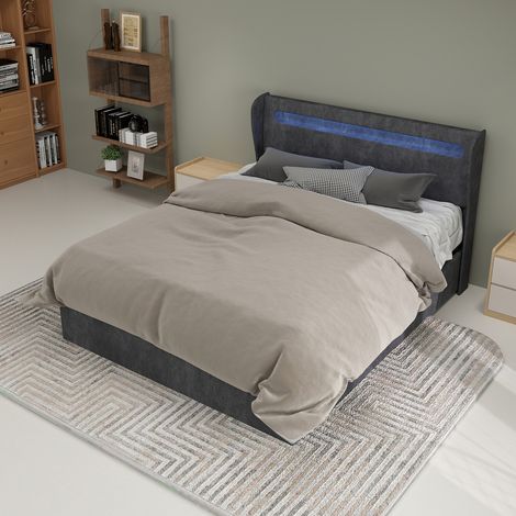 REDOM Lit double 160x200 cm Tête LED intégrée coffre de rangement relevable tissu et métal Gris (Sans matelas) (1/5)