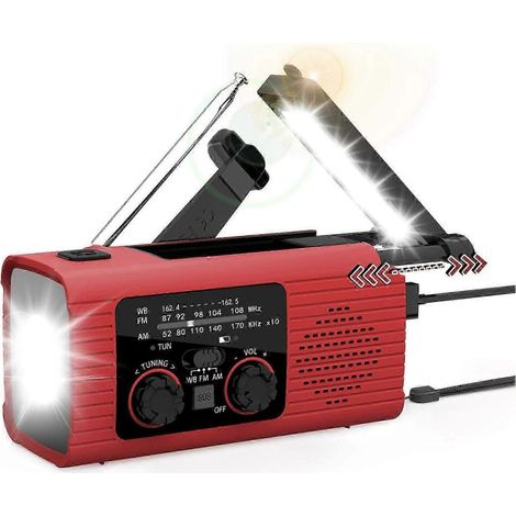 Filiyano – lampe torche – (Rouge) Radio d'urgence solaire 2026, 2000 MAH, à manivelle, radio météo NOAA avec lampe torche, chargeur de téléphone et (1/5)