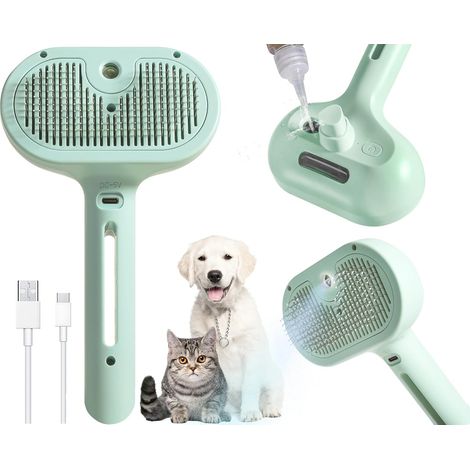 Brosse à poils avec réservoir d'eau et bouton de déverrouillage pour chats/chiens - Brosse de démêlage avec fonctions vapeur et bain (VERTE) (1/5)