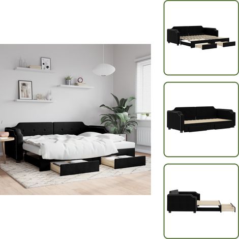 The Living Store Lit de jour avec gigogne et tiroirs sans matelas noir 100x200cm - Canapé Lit - Lit Gigogne - Meuble Multifonctionnel - Lit D'appoint - Rangements Intégrés