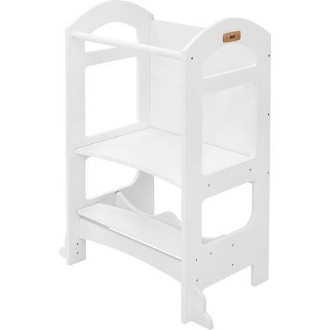 Joyz 2 in 1 Lernturm für Kinder ab 1 Jahr, Montessori Lernstuhl mit Tafel, Weiß, aus Holz, Tritthocker Verwandelbar in Kindertisch und -Stuhl, Hochstuhl Schemel Küchenhelfer Lerntower Learning Tower