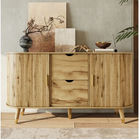 Madia da soggiorno 140 cm in MDF effetto legno, 2 cassetti e ripiani regolabili, naturale OKMYHOME (1/5)
