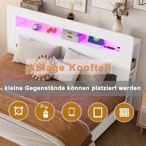 Lit à plateforme design bois blanc 180x200, sommier intégré avec tête de lit rangement, éclairage LED et ports USB, literie 180x200 cm. (1/5)