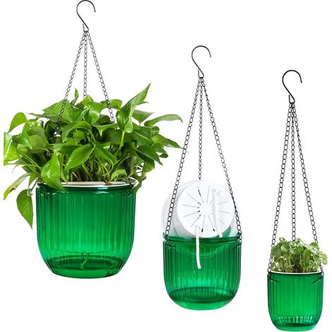 Pot De Fleurs Suspendu - Avec Trous De Drainage Et Chaînes - Pour Intérieur Et Extérieur - Lot De 3 Tailles - Vert
