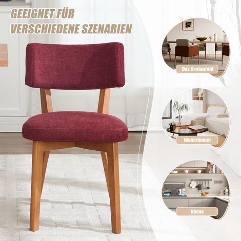 Set de 2 chaises de salle à manger modernes style scandinave, pieds en bois massif, assise rembourrée en tissu lin bordeaux, idéales pour cuisine, salle à manger ou bureau. (1/5)