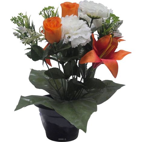 Pot pour Tombe d'oeillet, Lys tigré et mini fleurs Orange artificiels - Toussaint - couleur: Orange