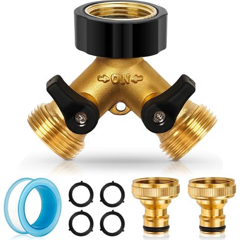 2 Voies 3/4 Y-Distributeur Raccord Tuyau D'arrosage Robinet Double Machine a Laver, Adaptateur Tuyau Arrosage en Laiton, Avec Robinets D'arrêt Individuelles (or) (1/5)
