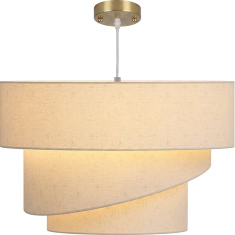 Suspension Luminaire à 3 Abat-Jour Effet Lin, Ampoule Non Incluse E14 40 W, Câble Réglable, Rosace Dorée, Beige (1/5)