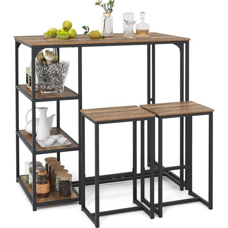COSTWAY 3-Piece Bar Table Set 2 Person Dining Furniture Set w/2 Stools-Brown (1/5)