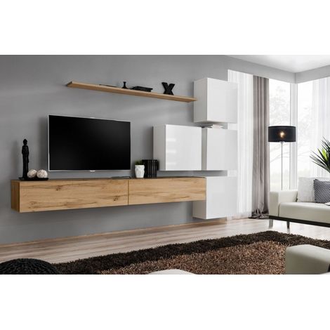Ensemble mural - Switch IX - 4 vitrines carrées - 2 bancs TV - 1 étagère - Bois et blanc - Modèle 1 - Livraison gratuite